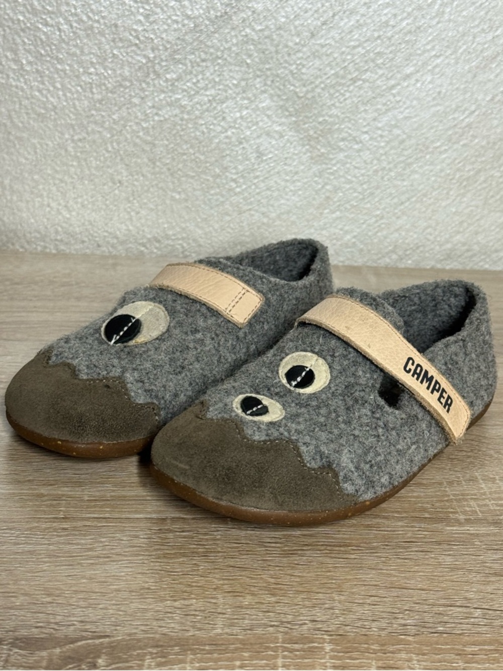 Camper TWINS Kids Gray Felt Bear Shoes Velcro EU 31 US 13